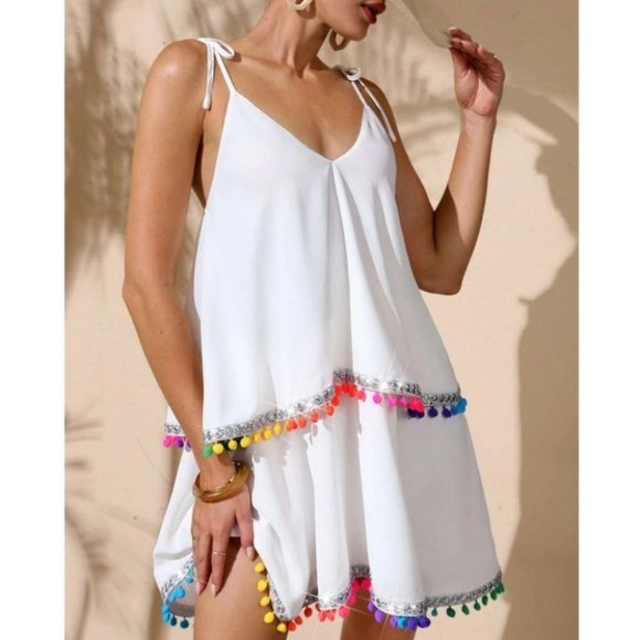 Boho Tie Shoulder Pom Pom Cami Mini Dress White - Picture 3 of 4